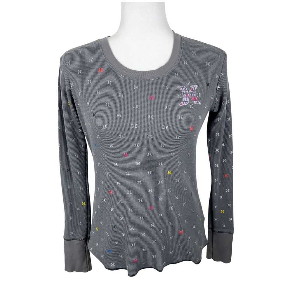 Hurley Sweater Women Large Grey Pullover Lightweight Waffle Knit Novelty Logo